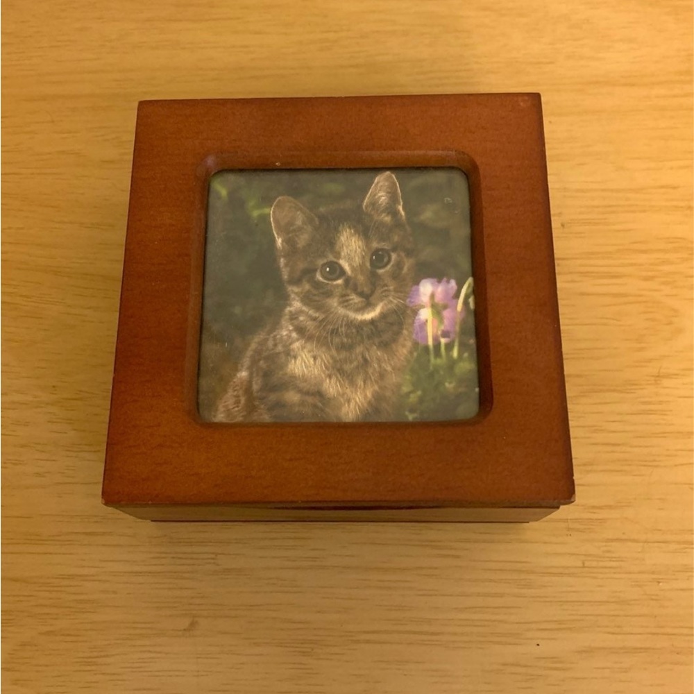 Wooden Jewelry Box with Kitten Photo Inset - Brown